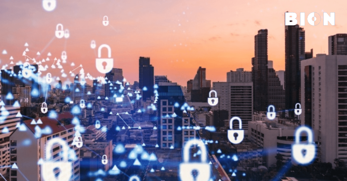 Cloud-based access control securing smart city infrastructure with digital lock icons.