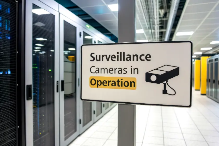 Surveillance cameras in operation sign hanging in a secure enterprise data center server room