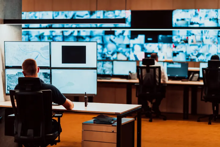 Security operators actively monitoring live video feeds on a video wall inside a corporate SOC