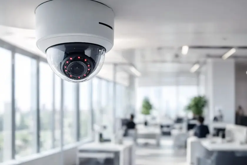 Modern indoor dome security camera with active infrared LEDs mounted on a corporate office ceiling