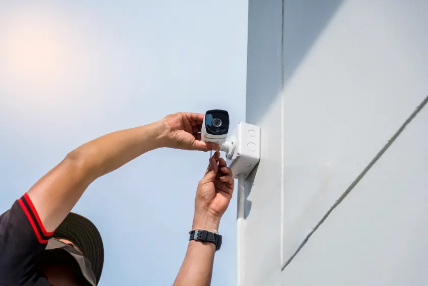 Field technician performing preventive maintenance and alignment on an outdoor IP bullet camera
