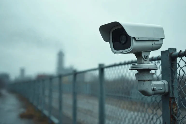 Security camera monitoring a perimeter fence for intrusion detection