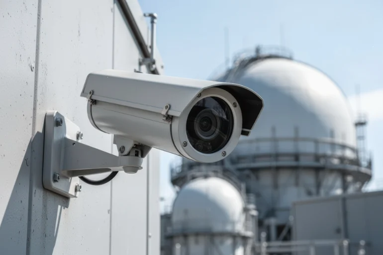 Security camera monitoring an industrial facility perimeter