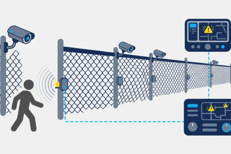 Perimeter intrusion detection system with fence sensors and security cameras