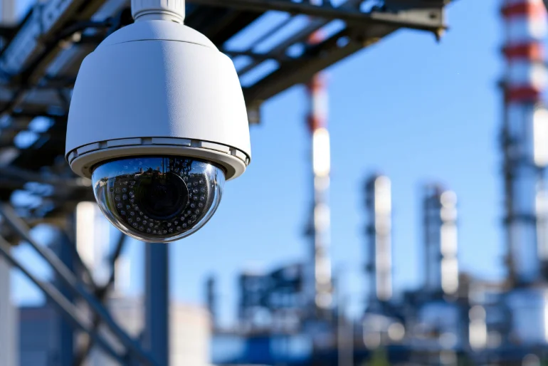 PTZ security camera monitoring an industrial perimeter