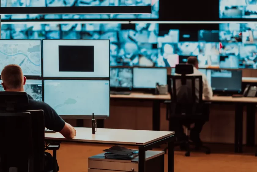 Security operator monitoring access control alerts and surveillance footage preventing tailgating