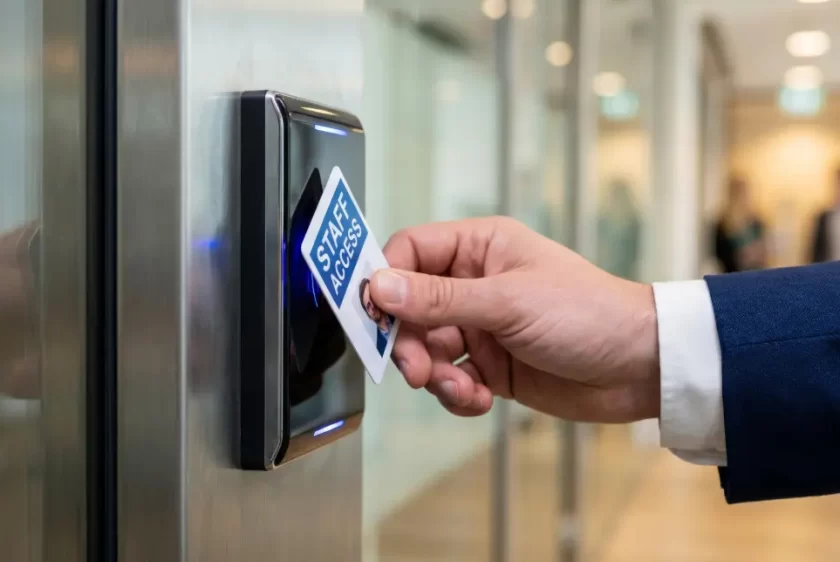 Tailgating prevention through employee access card verification at an office entrance
