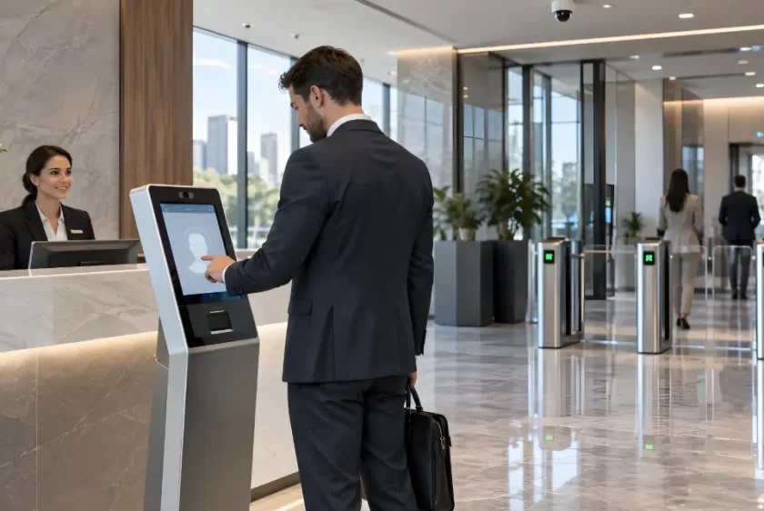 Visitor management system supporting authorised entry at a corporate workplace